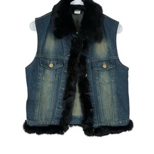 Cejon Accessories Rabbit Fur Collar & Trim Denim Vest – Size Small
